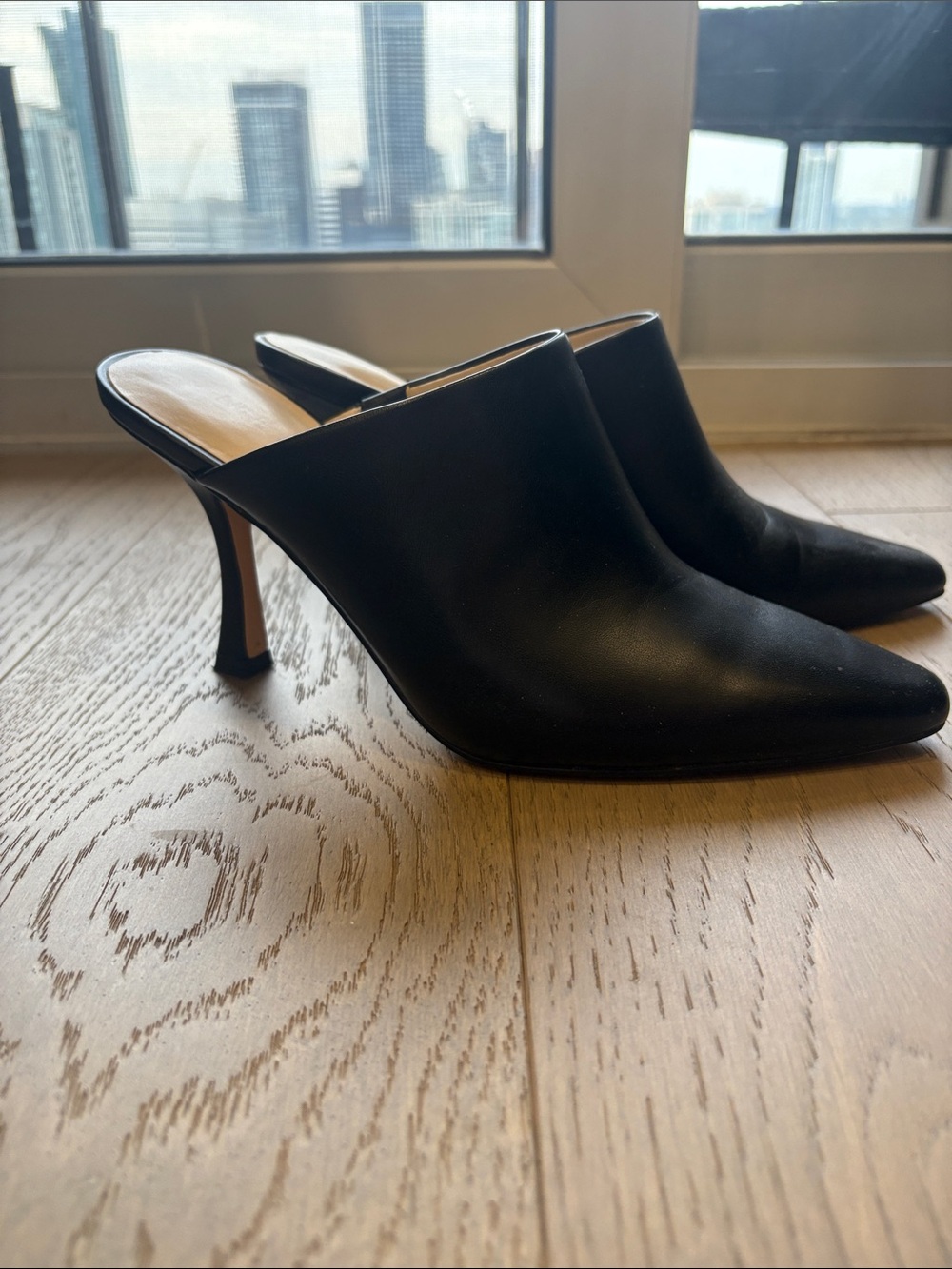 Black Leather Pointed-Toe Mule Heels